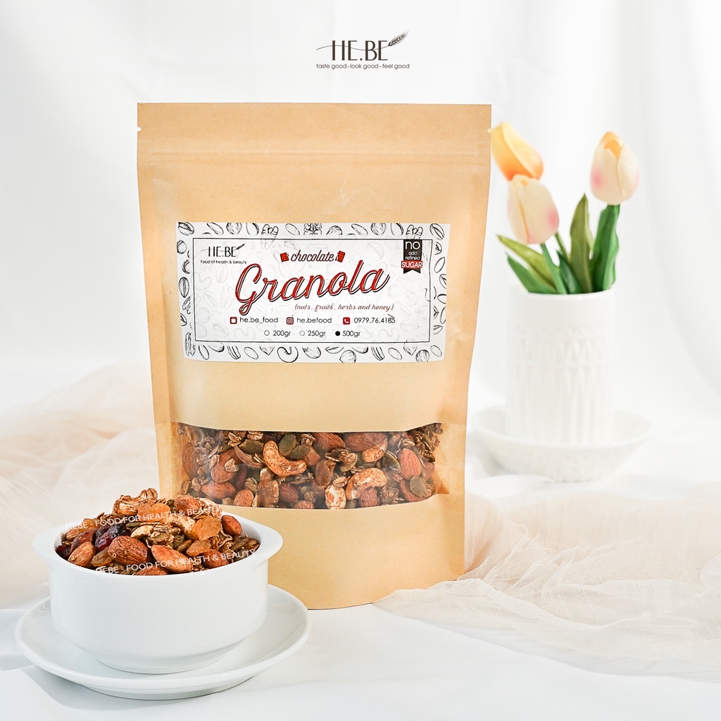 500g granola cacao ăn kiêng hebe không đường - ngũ cốc giảm cân tự nhiên