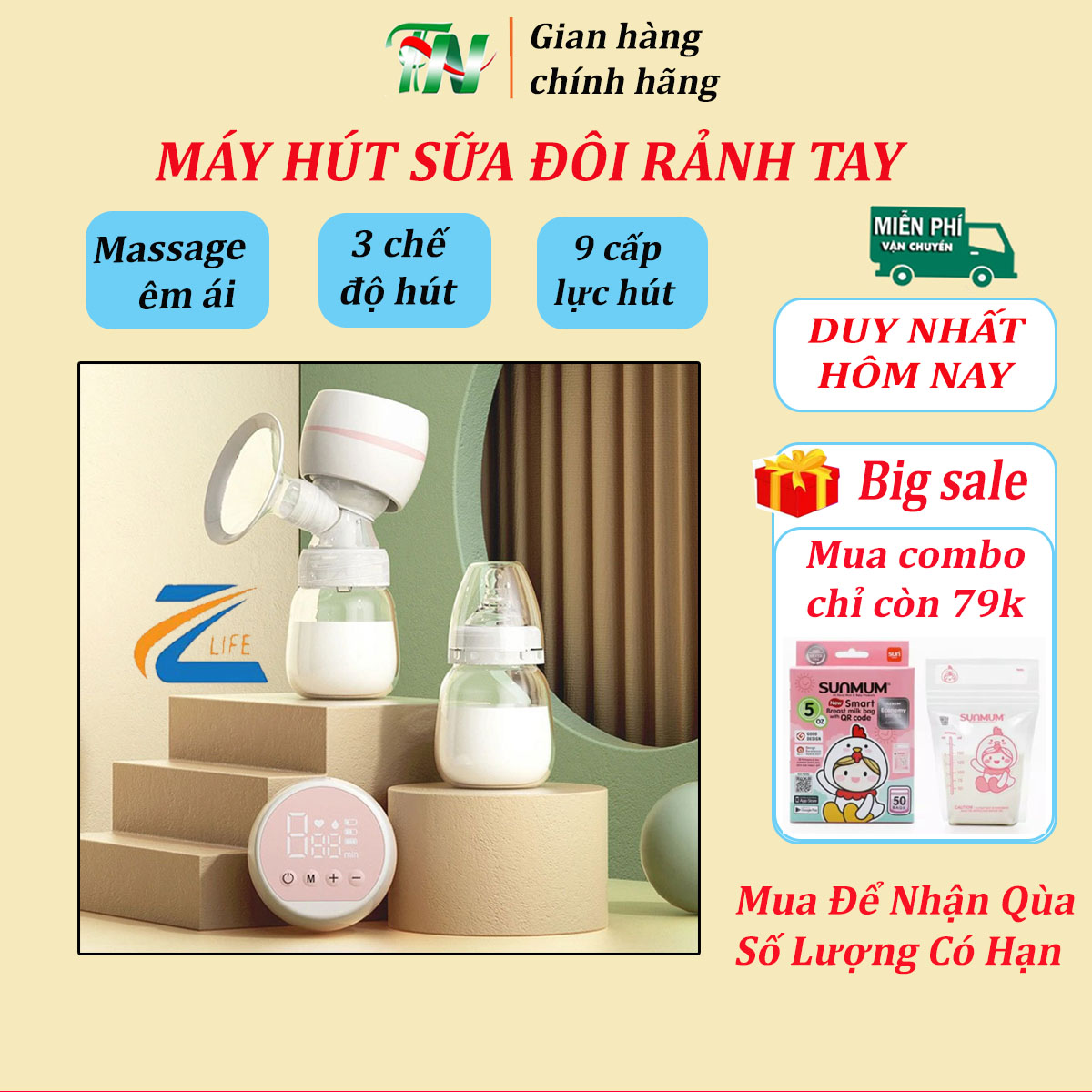Máy hút sữa Zlife, máy hút sữa không dây cầm tay có chế độ vắt sữa mẹ, massage, kích sữa, màn hình LED pin 1800mAh