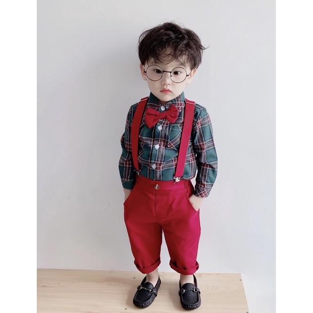 Set yếm & áo sơ mi caro bảnh bao cho bé trai