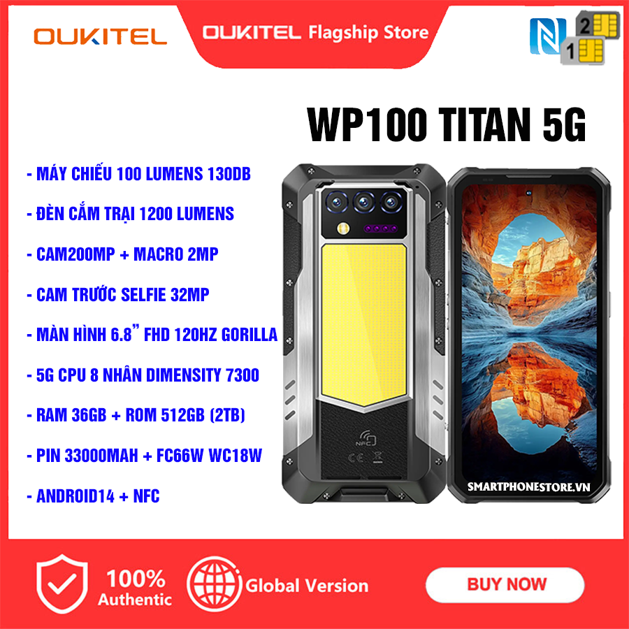 Điện thoại Oukitel WP100 TITAN siêu bền tích hợp máy chiếu,pin 33000mAh,5G, Đèn cắm trại 1200 Lumen,Camera 200MP,NFC