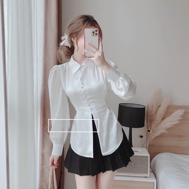 Set áo sơ mi buộc nơ sau và quần bò jean ống loe