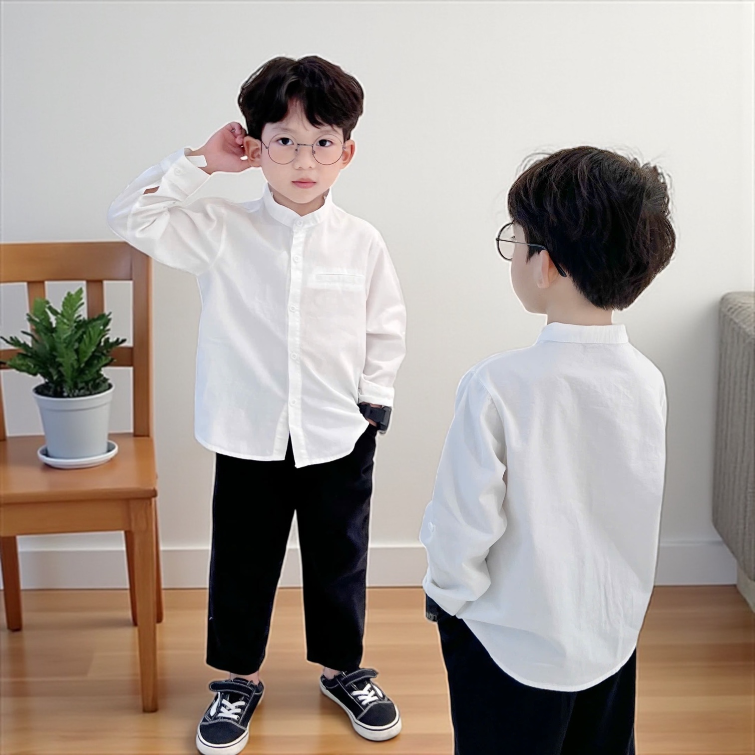 Be294 White Turtleneck Long-Sleeved Shirt and Khaki Pants Set, Beemo Boys' Clothing Set for Going Out and School Parties