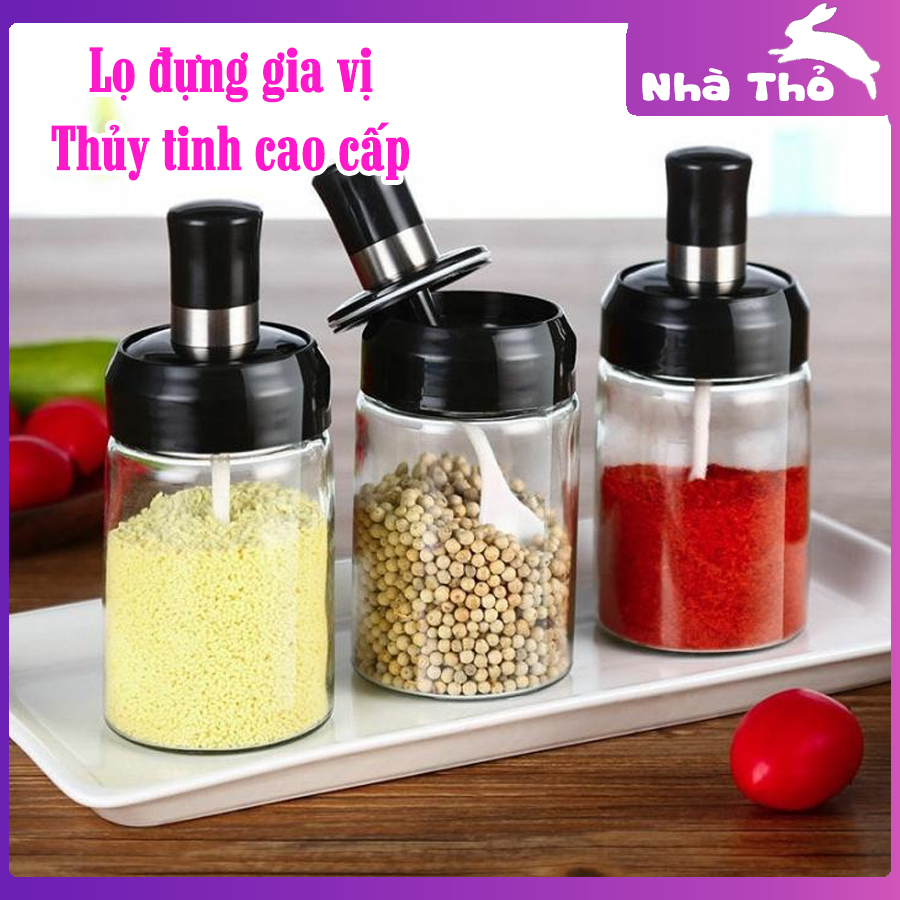 [HCM] Combo 2 Lọ đựng gia vị, đồ dùng nhà bếp bằng thủy tinh cao cấp kèm thìa xúc gia vị gắn liền trên nắp hộp thông minh