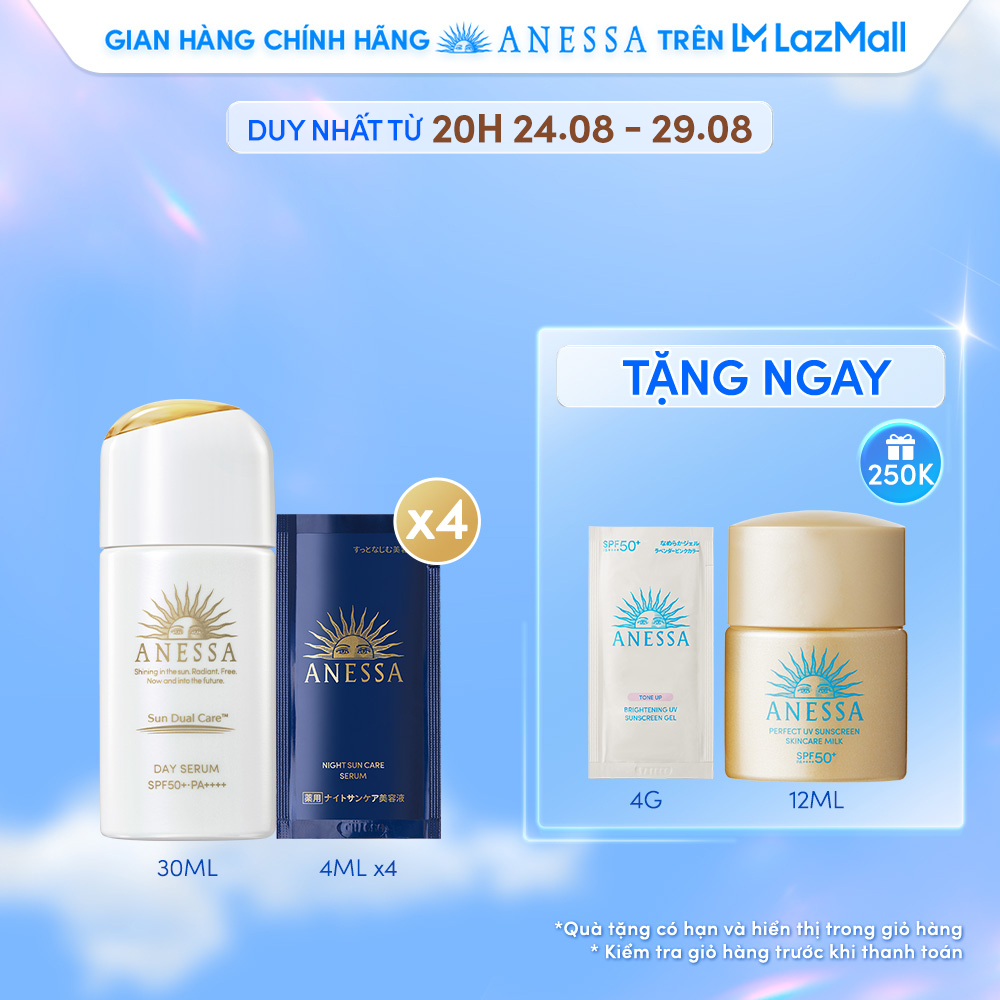Bộ serum chống nắng dưỡng da nâng tông anessa day serum spf50+ pa++++ 30ml + serum dưỡng da và phục hồi da sau nắng anessa night sun care serum 4ml x4