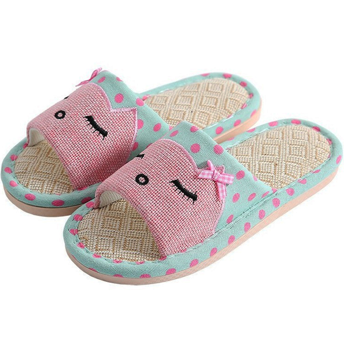 Women indoor slippers linen polka dot cat sandals
