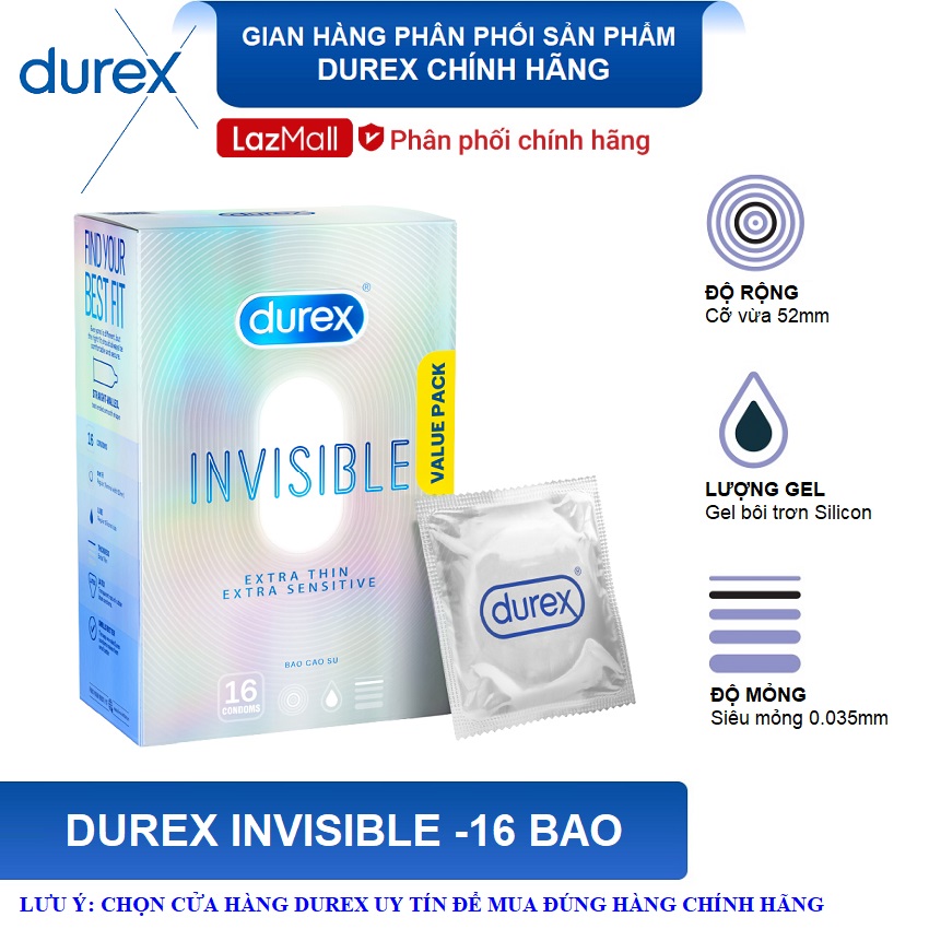 Bao cao su Durex Invisible 16 bao - Siêu mỏng , size 52mm cỡ vừa