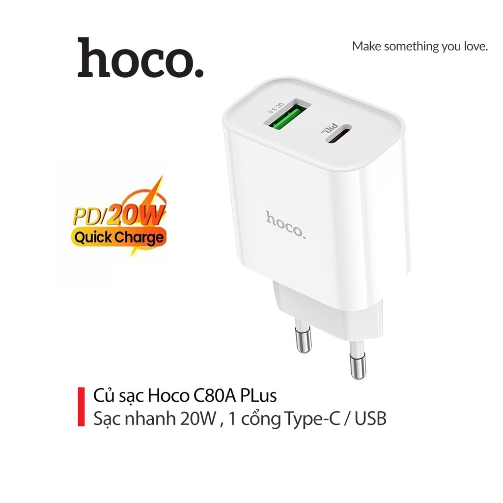 Cốc sạc nhanh pd20w hoco c80a plus chân tròn 1 cổng type-c và usb chất liệu cao cấp