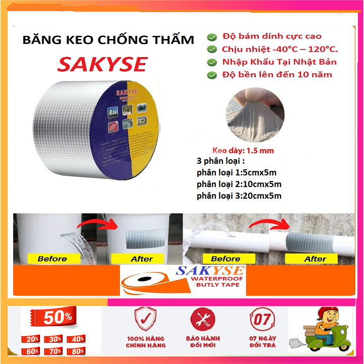 [loại 5cm,10cm,20cm], Băng keo chống thấm nước , Băng keo chống thấm sakyse , băng keo chống thấm , chống dột mái tôn , bể bơi , tường ,sàn nhà ,kính và các bề mặt bên ngoài