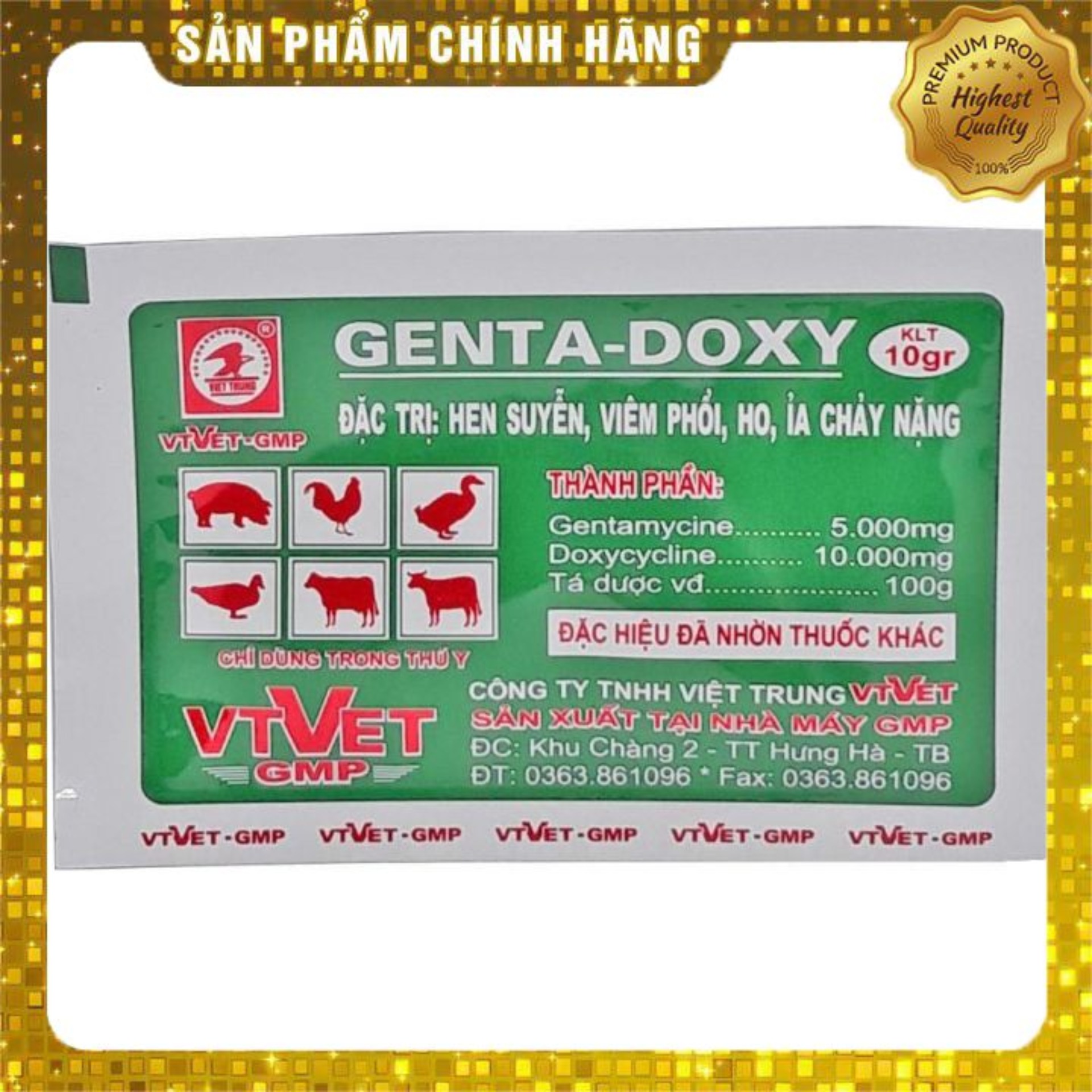 Combo 2 gói thuôc thú y Genta-Doxy (10g) giúp phòng và trừ hen suyễn, viêm phổi, ho, tiêu chảy nặng trên gia súc, gia cầm