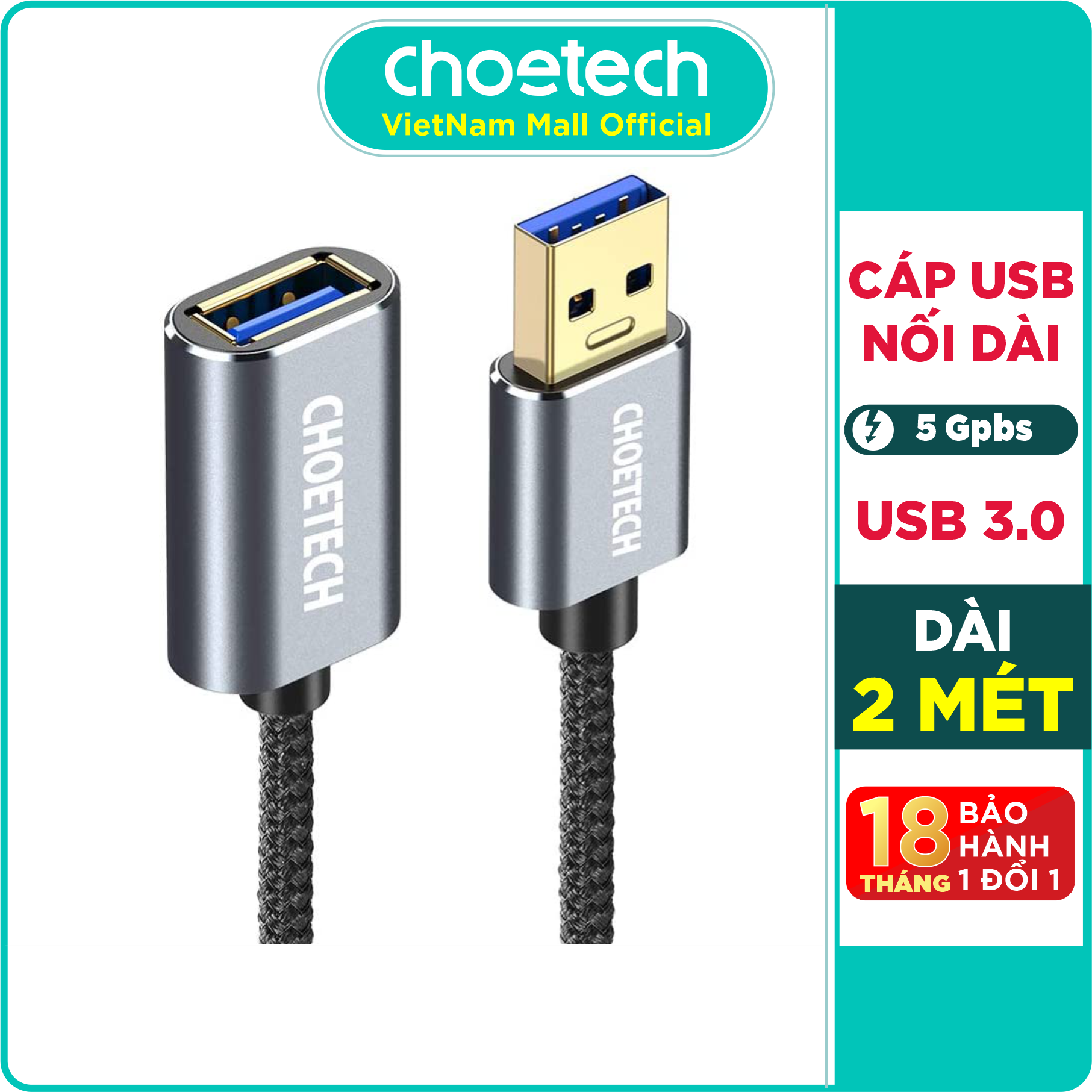 Dây Cáp Nối Dài USB 3.0 Dài 2M CHOETECH XAA001-BK - Hàng Chính Hãng