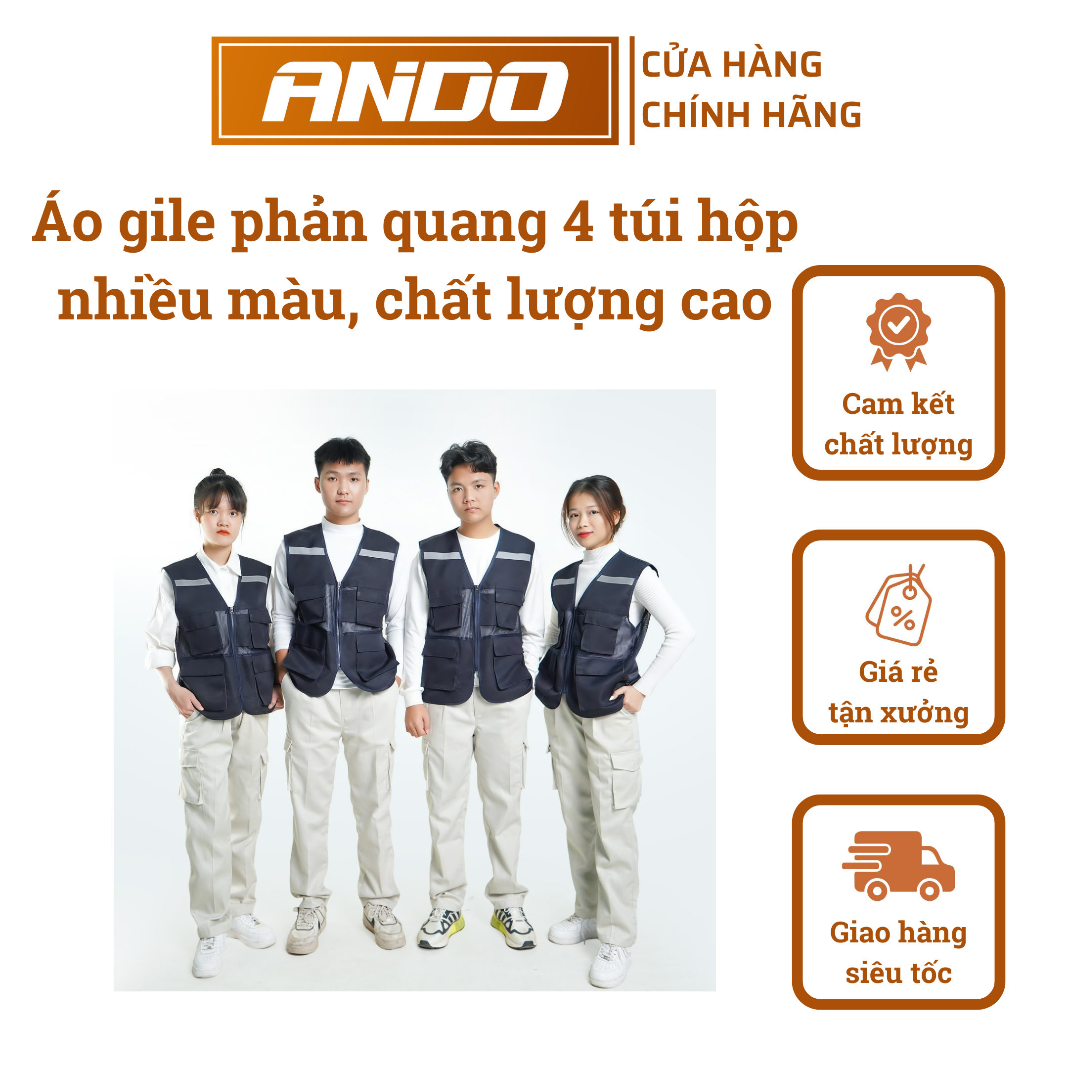 Áo gile phản quang 4 túi hộp, chất kaki và lưới, loại đẹp, nhiều màu sắc