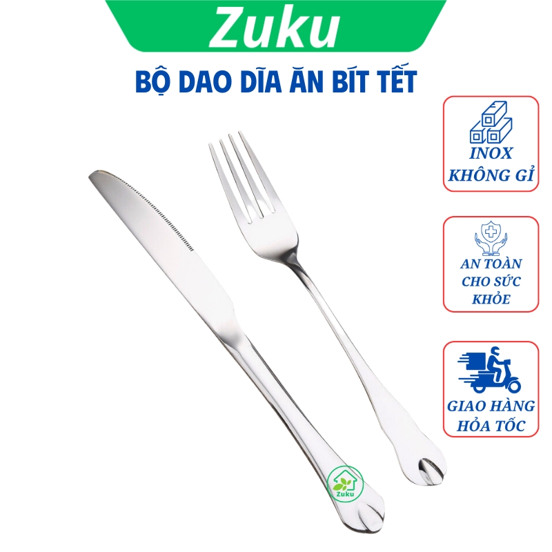 Bộ dao dĩa ăn bít tết 2 món inox sáng bóng cán giọt lệ