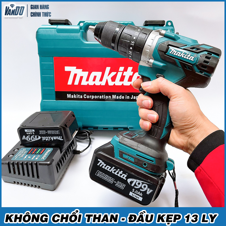 [ Không Chổi Than ] Máy khoan pin Makita 199v - Có Búa  - Máy khoan cầm tay - Động cơ lõi đồng nguyên chất - Khoan Bê tông , Khoan Tường, Khoan Sắt, Gỗ, Kim Loại - Máy bắt vít, bắn tôn