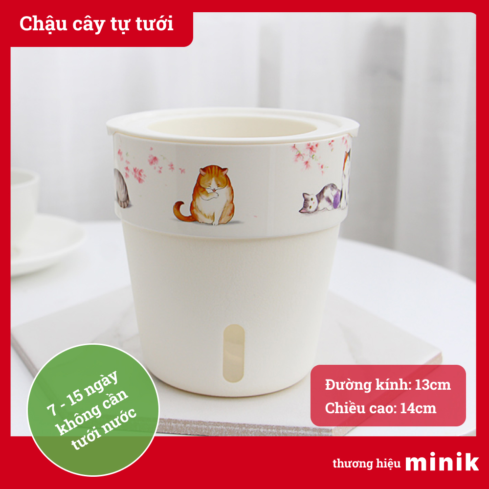 Chậu nhựa trồng cây tự dưỡng MINIK, với hình mèo độc đáo, thích hợp trang trí bàn làm việc, chậu cây thông minh tự tưới, 7-14 ngày không cần tưới nước, size 13cm x 14 cm