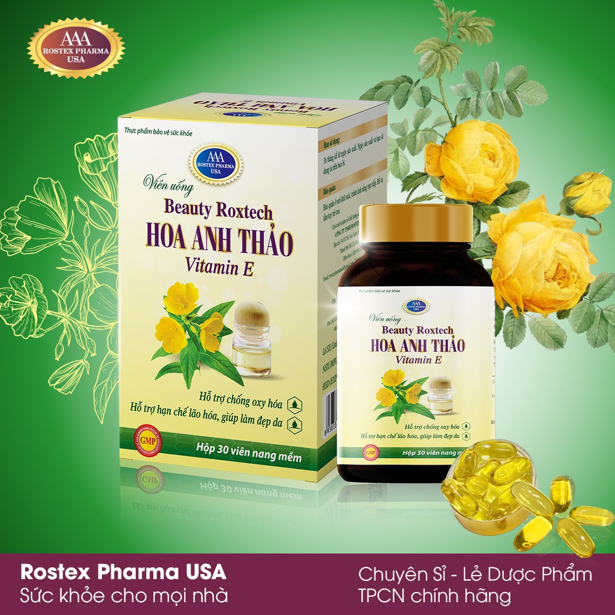 Viên uống dầu hoa anh thảo 1000mg, dầu hoa hồng, vitamin E giúp đẹp da, chống lão hóa da - Chai 30 viên dùng 1 tháng