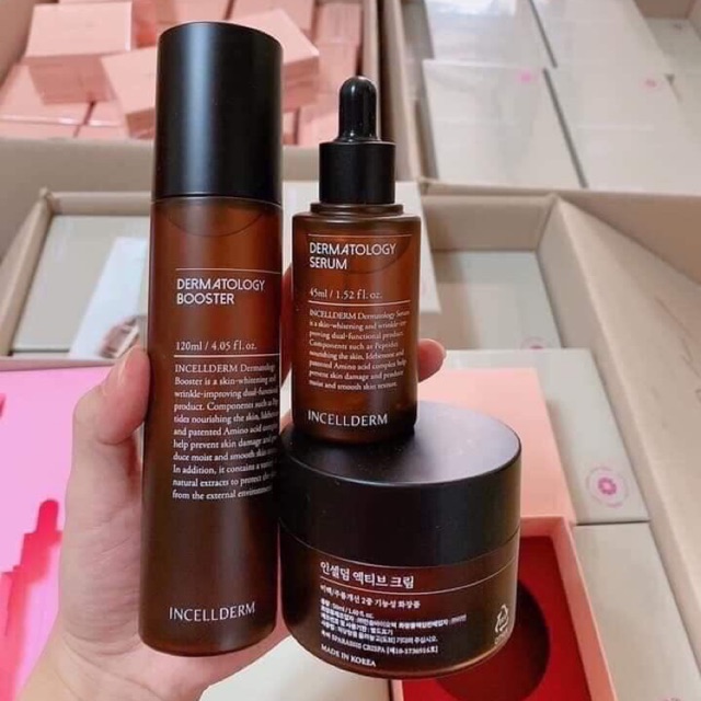 Bộ 3 dưỡng da căng bóng Incellderm Hàn Quốc 215ml, giúp da căng bóng – mờ thâm – chống lão hoá, ngoài ra còn trị tận gốc mụn