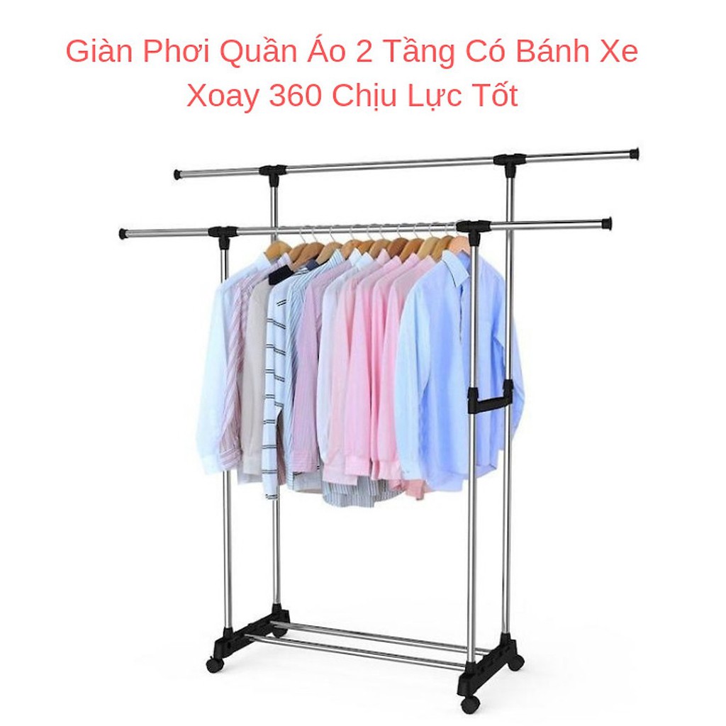 Sào phơi inox chắc chắn treo quần áo, cây phơi đồ inox, Sào Phơi Đồ, Giá Treo Quần Áo Bằng Inox. Giàn Phơi Đồ Quần Áo Sào phơi inox chắc chắn 2 tầng có bánh xe di chuyển tiện dụng