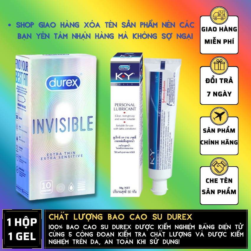 Bao Cao Su Durex Invisible Extra Thin cực siêu mỏng 10s - Gel bôi trơn Durex KY 50G [Che tên sản phẩm]