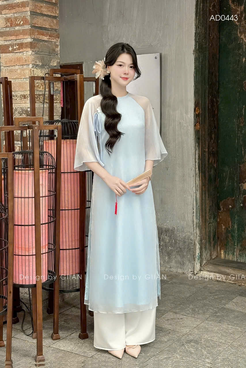 Set áo dài tơ 2 màu xanh hồng cổ tròn tay lở đính hoa vai phối quần tuyết nhung xịn mịn chất vải đẹp