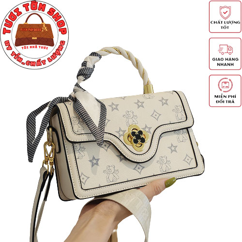 Túi xách nữ hoa trà xách tay đeo vai đeo chéo trắng trẻ trung size 21