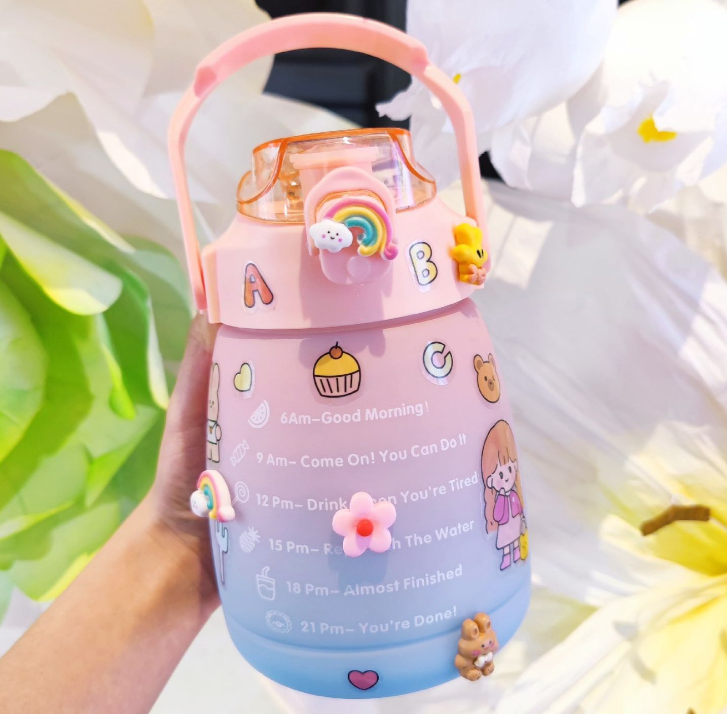 Bình Nước cute nữ 1300ml, Bình Nước Học Sinh, Bình Nước Chia Vạch báo giờ uống nước 1300ml cho trẻ em - Kèm Sticker dán cute - others