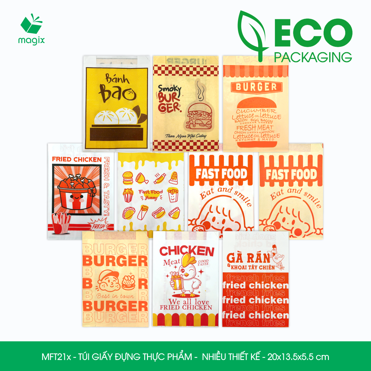 MFT21x - 20x13.5x5.5 cm - 500 Túi đựng giấy đựng burger, fastfoood, gà rán và khoai tây chiên, túi đựng thực phẩm