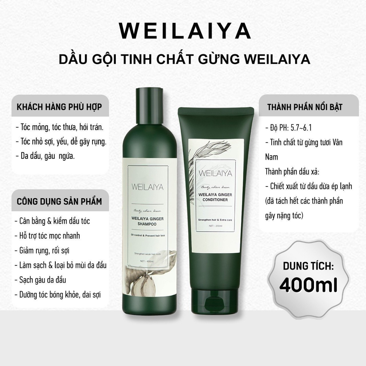 Combo Dầu Gội Xả Chiết Xuất Gừng Weilaiya Ginger Conditioner + Shampoo