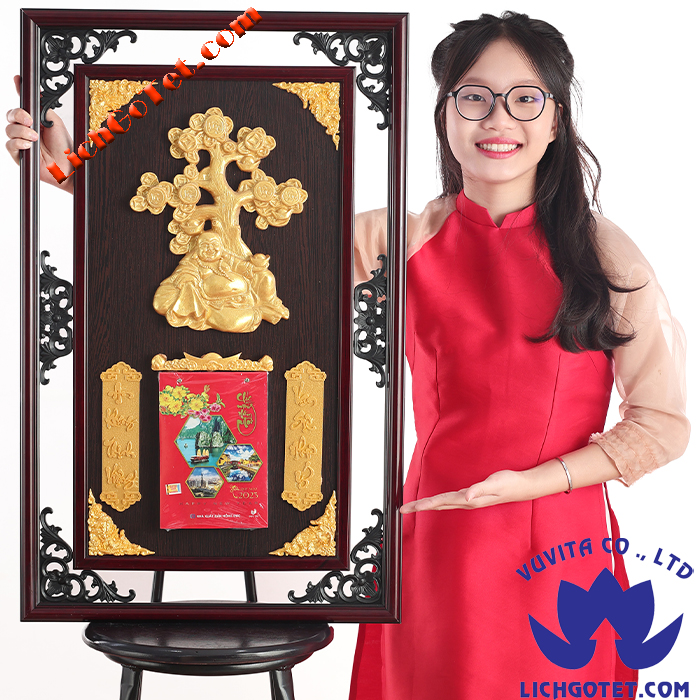Lịch gỗ phù điêu cao cấp di lặc cây tiền k2d