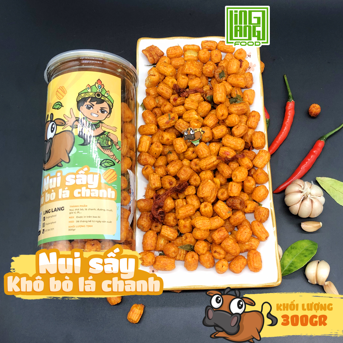Nui sấy khô bò lá chanh hũ 300g Ling Lang Food