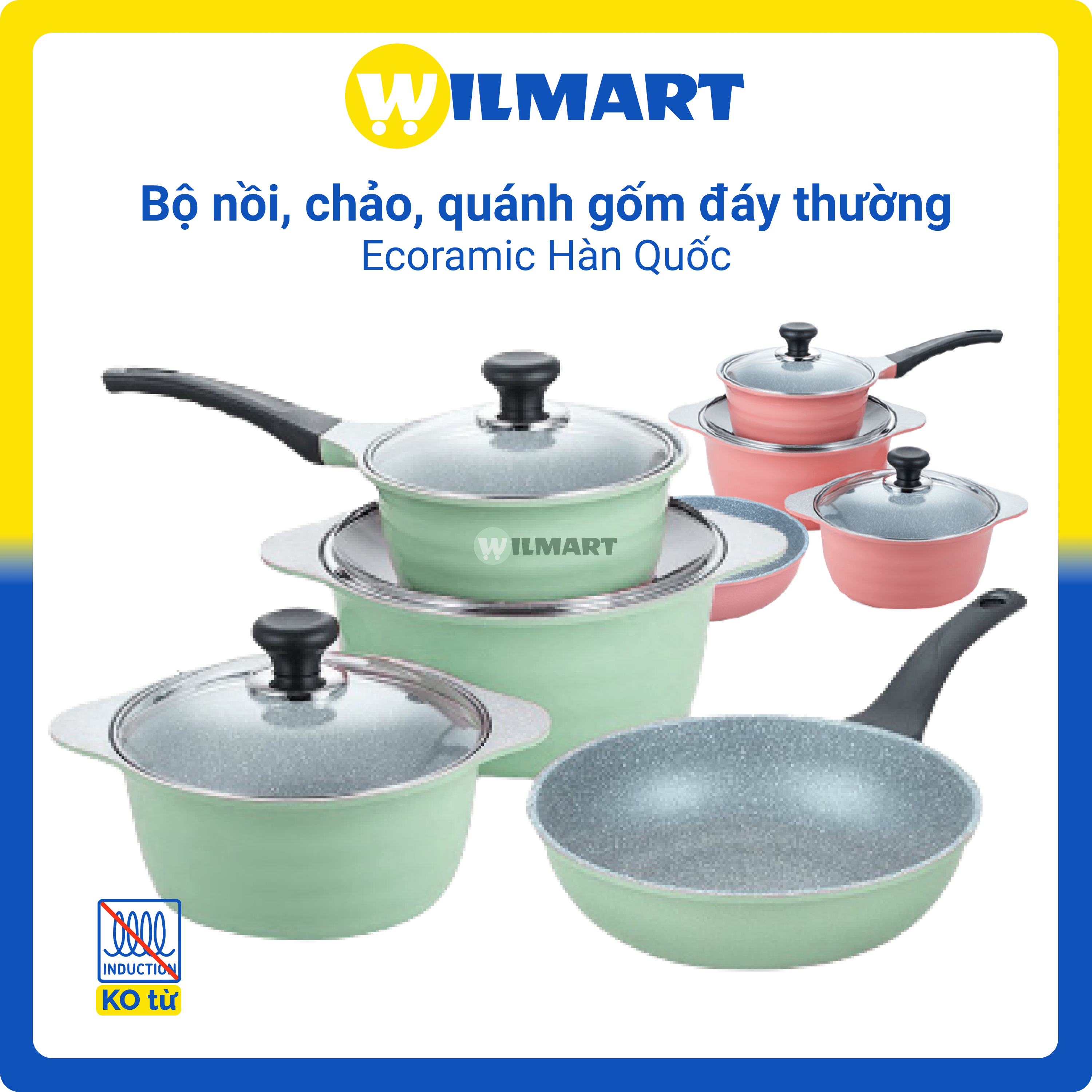 Bộ 4 nồi gốm sứ và chảo chống dính đáy thường cao cấp Ecoramic Hàn Quốc - Xanh/ Hồng