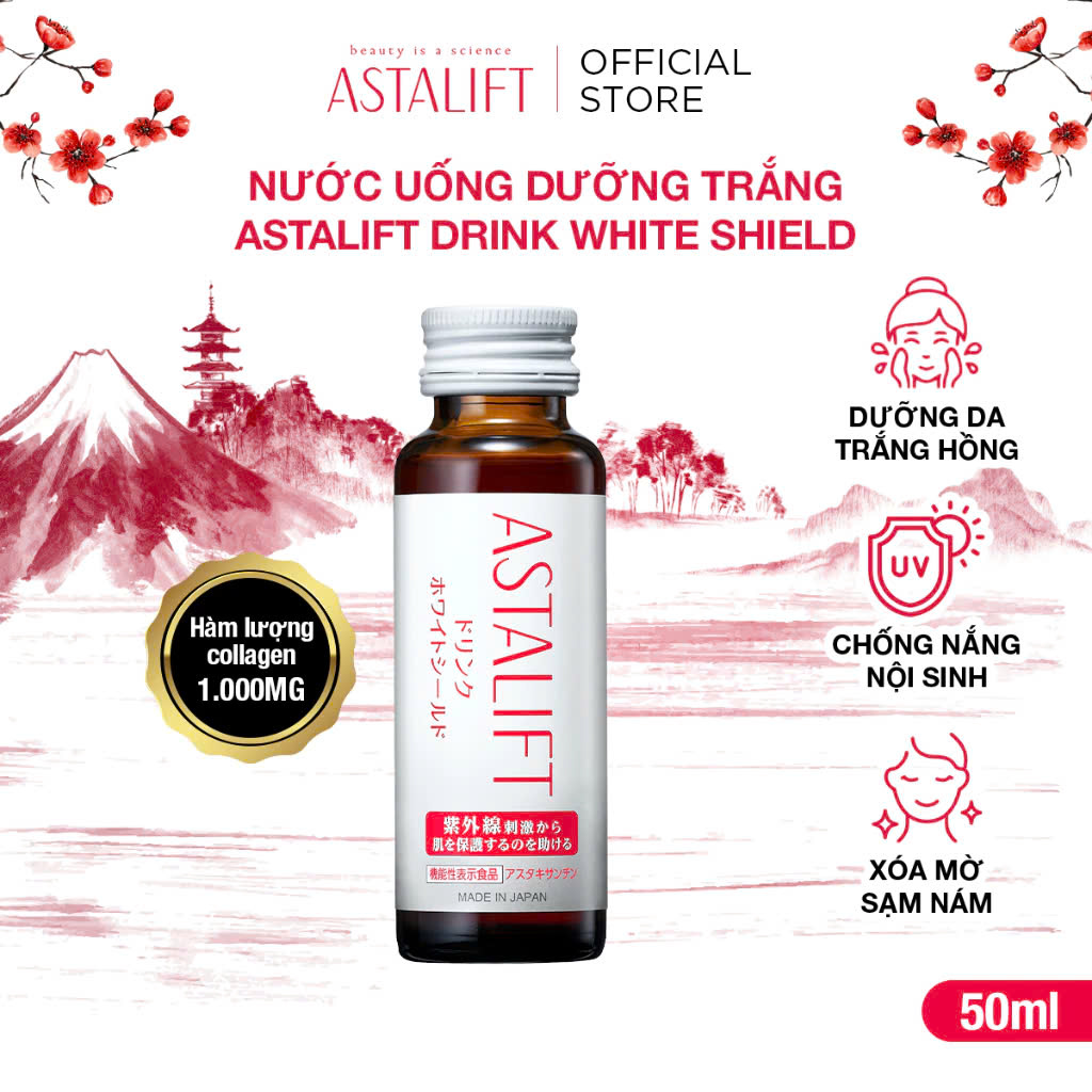   Quà Tặng   Nước Uống Chống Lão Hoá Dưỡng Sáng Da Nhật Bản ASTALIFT Bổ Sung Nano Astaxanthin & Collagen & 1200mg Vitamin C Drink White Shield  Hộp 10 chai x 50ml  