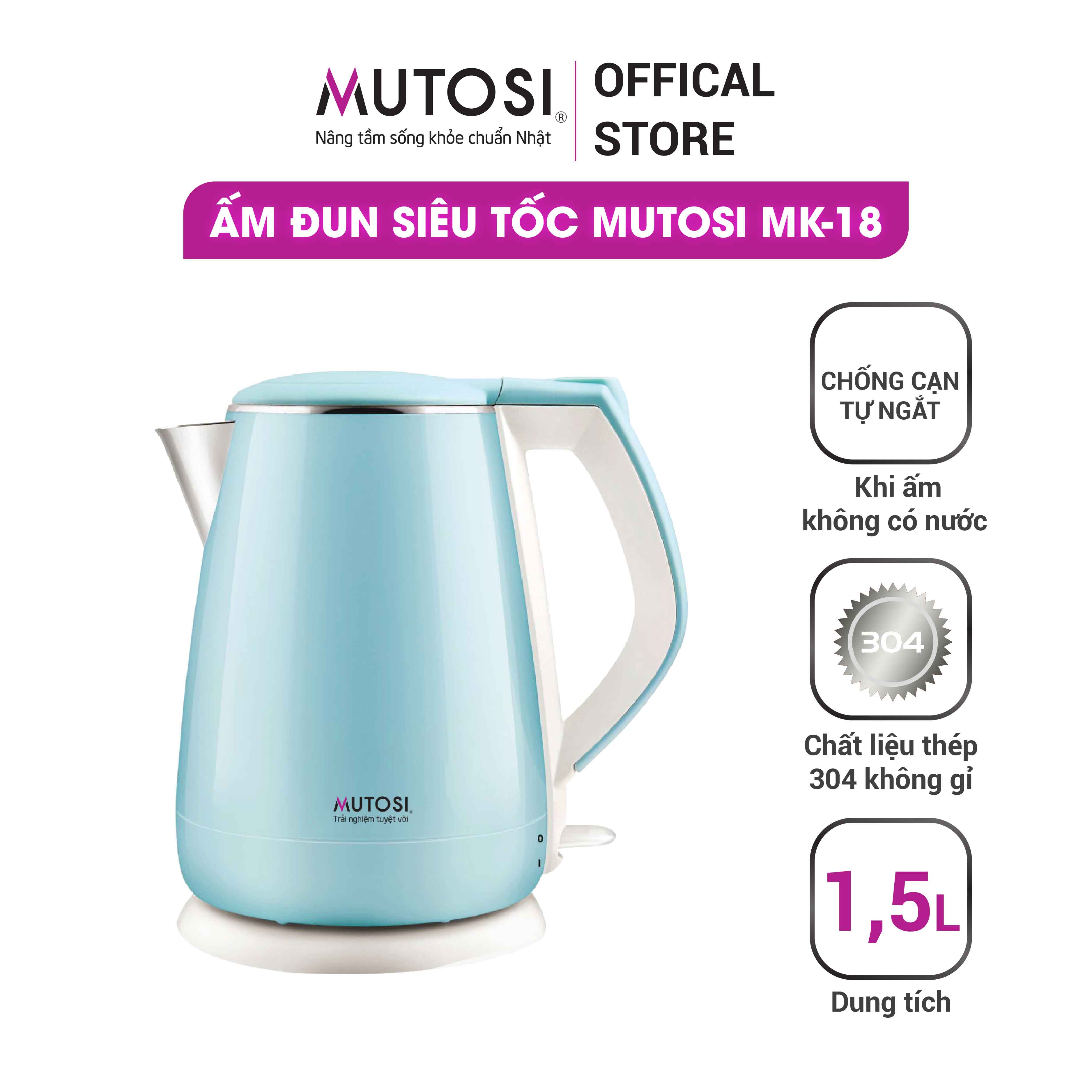 Ấm đun siêu tốc cao cấp 2 lớp 1,5l –1500w mutosi mk-18