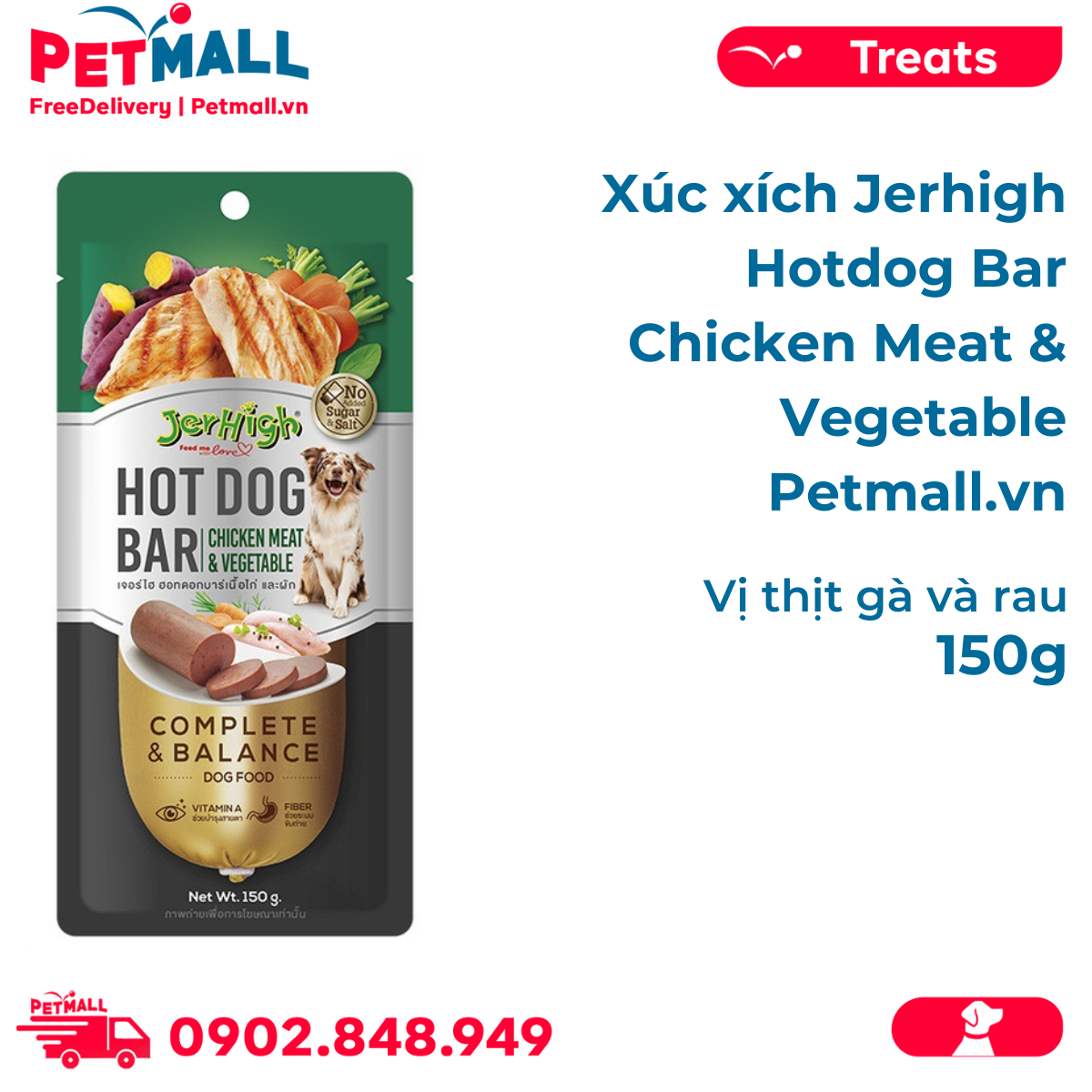 Xúc xích Jerhigh Hotdog Bar Chicken Meat & Vegetable 150g - Vịt thịt gà và rau Petmall