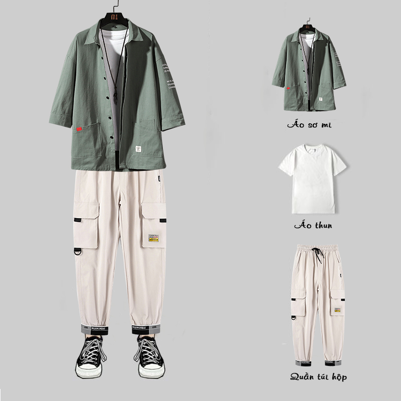 Set Bộ Quần Áo Nam Ba Món Áo Sơ Mi Cổ Đức Túi Hai Bên Cá Tính Kết Hợp Với Quần Túi Hộp Bo Ống Đi Kèm Áo Phông Năng Động Thời Trang SMARTLY GIRL SET NAM 90000150