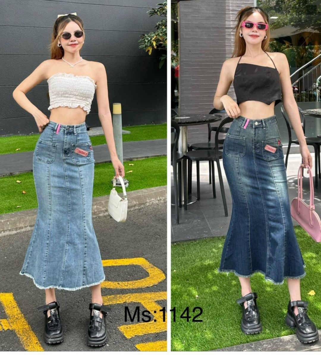 Chân váy jeans dáng dài xẻ vạt giữa mã,  Chân váy jean đuôi cá cao cấp, váy jean dáng dài ảnh tự chụp J989wr