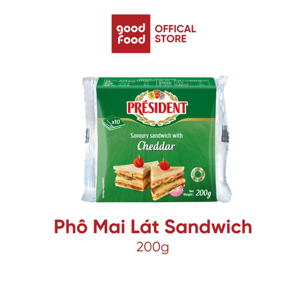 Phô lai lát nhập khẩu từ Pháp, giàu canxi, dễ sử dụng cho sandwich, phô mai cheddar President, 10 miếng - 200g
