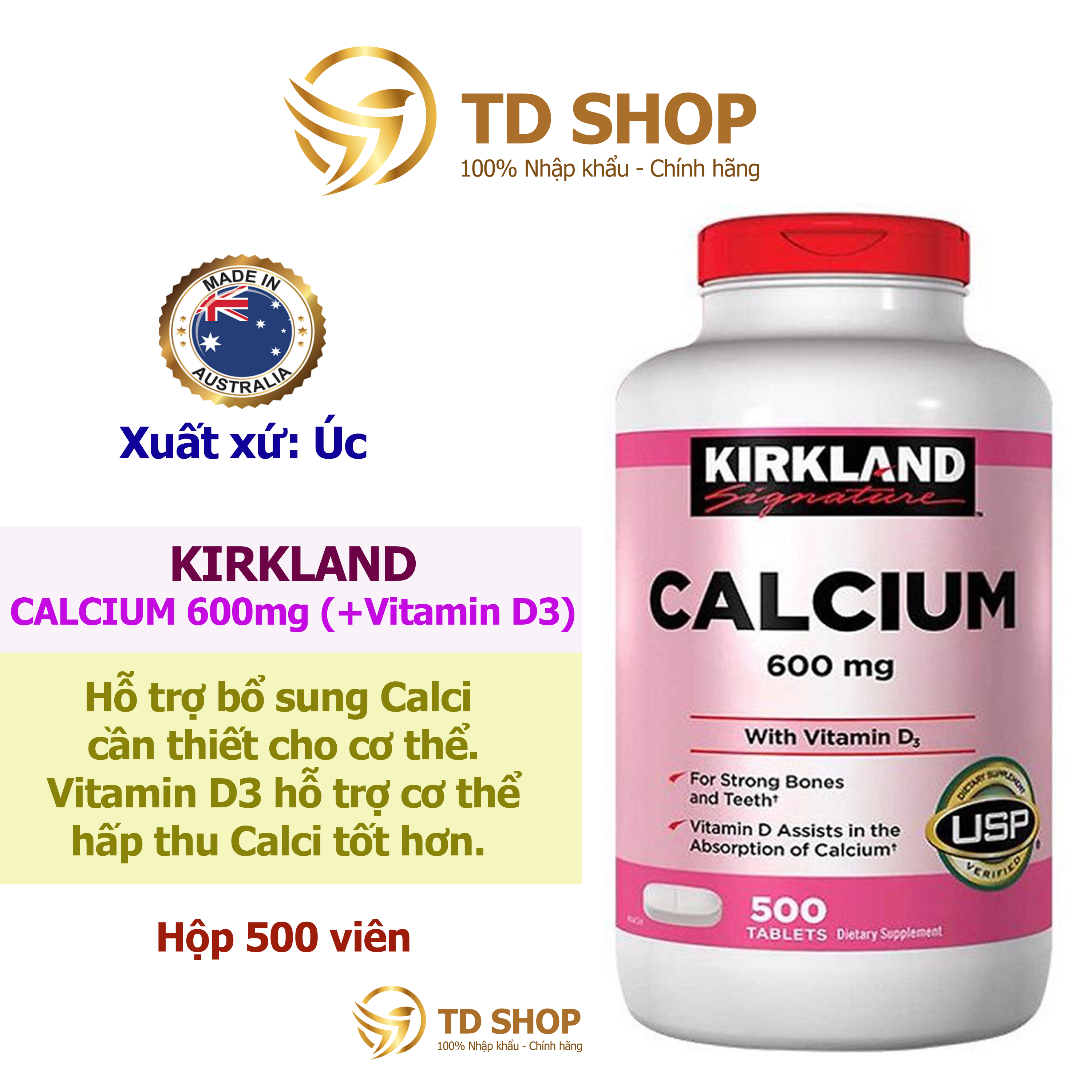 Viên uống hỗ trợ xương chắc khỏe Kirkland Calcium 600Mg with vitamin D3