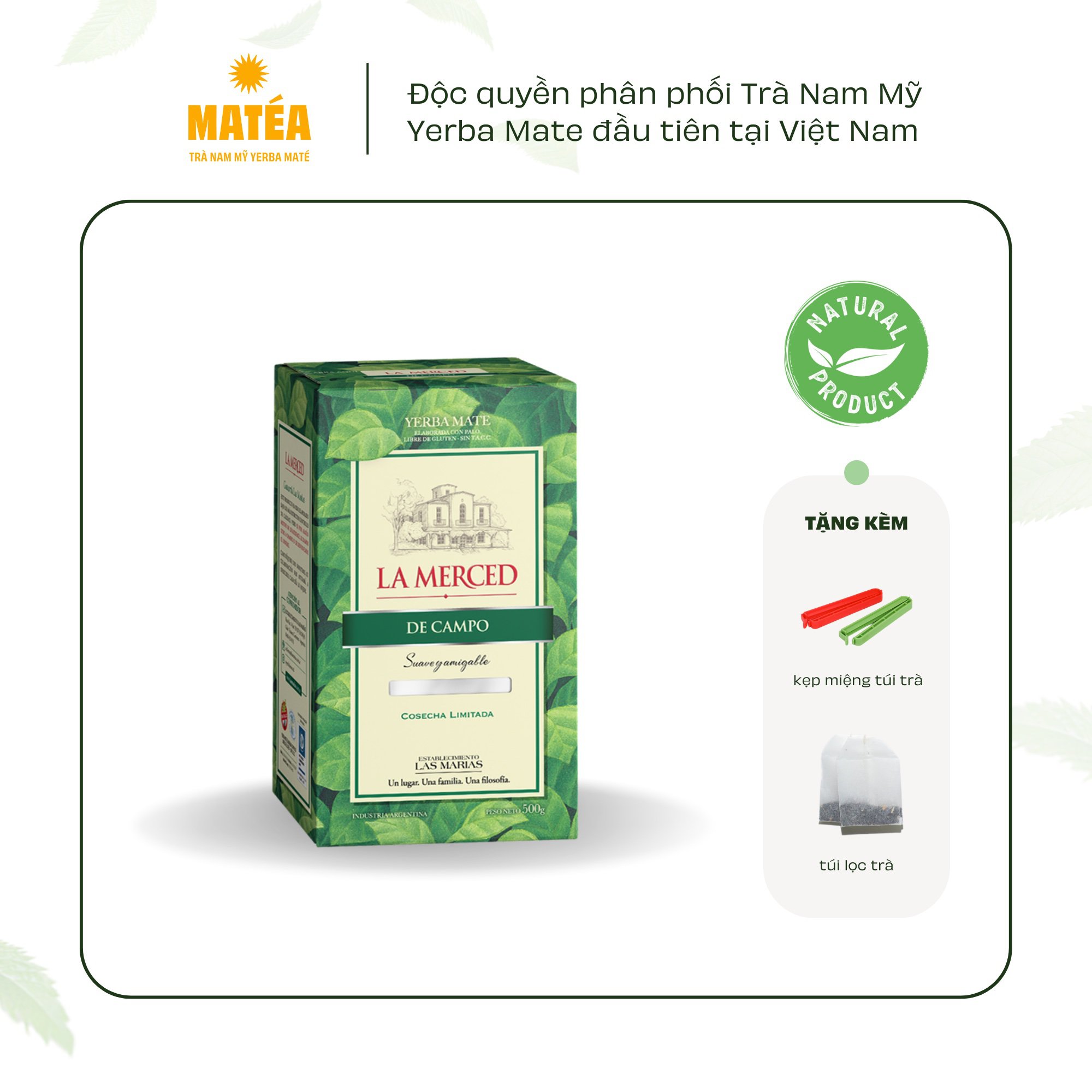 Trà Yerba Mate Dòng CAO CẤP 500gr - LA MERCED DE CAMPO - Trà Nam Mỹ - Tặng kẹp trà + túi lọc