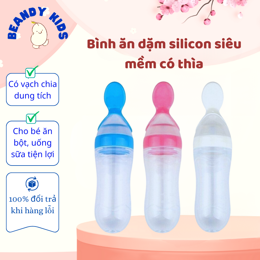 Bình thìa ăn dặm silicon siêu mềm cho bé 90ml bảo bối nhàn hạ cho mẹ Beandy Kids