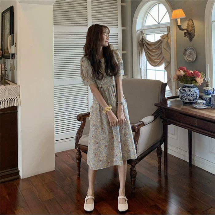 {EVACICI} Đầm - Váy Babydoll hoa nhí cực phẩm có dây nhỏ buộc sau , Đầm - Váy Vintage tay bồng điệu.