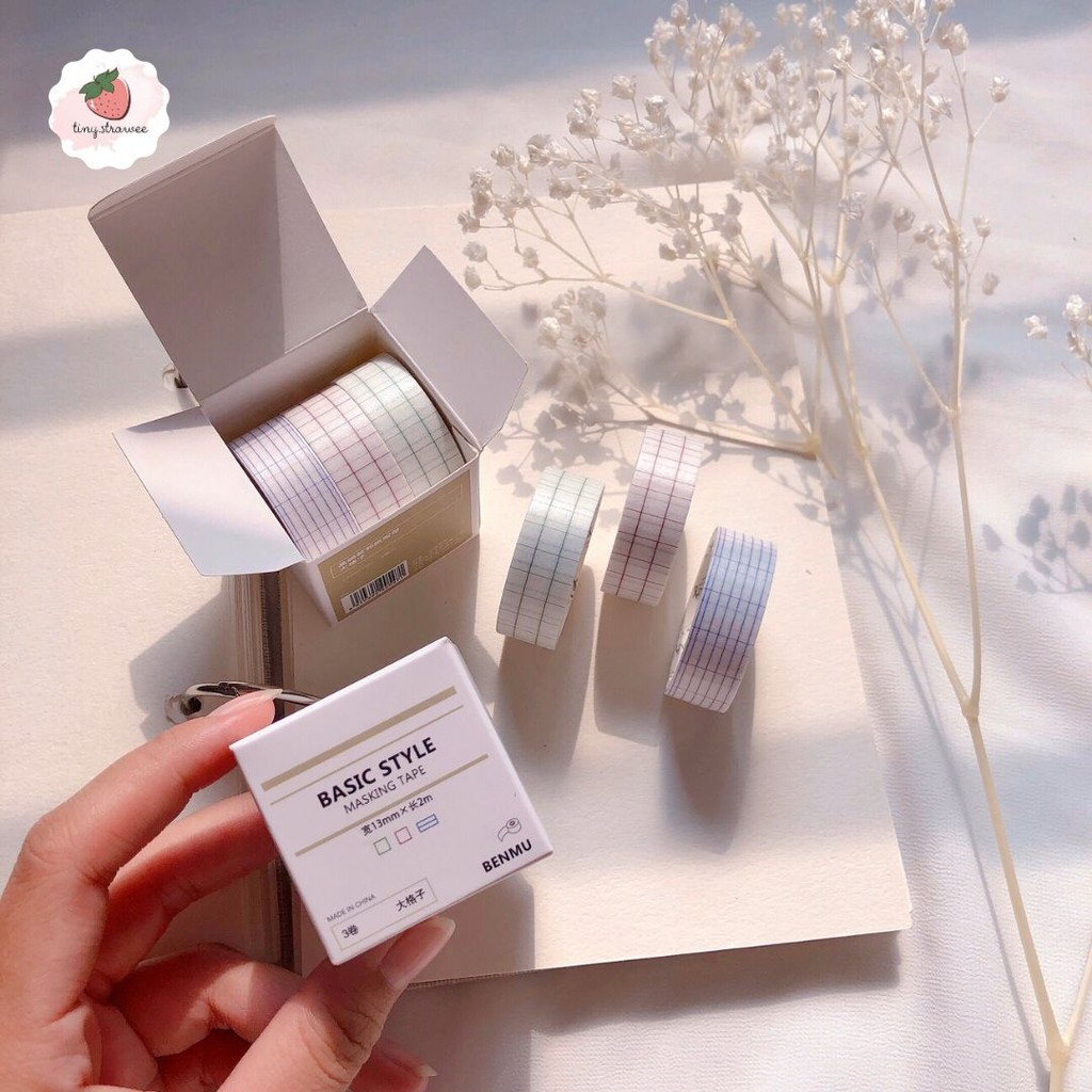 Set 3 cuộn băng dính washi tape hoạ tiết giấy tập - Set grid washi