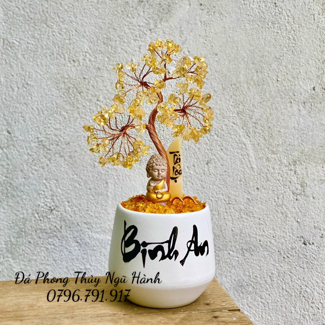 Cây đá phong thủy, cây đá vụn thạch anh để bàn siêu đẹp - Cao 22cm