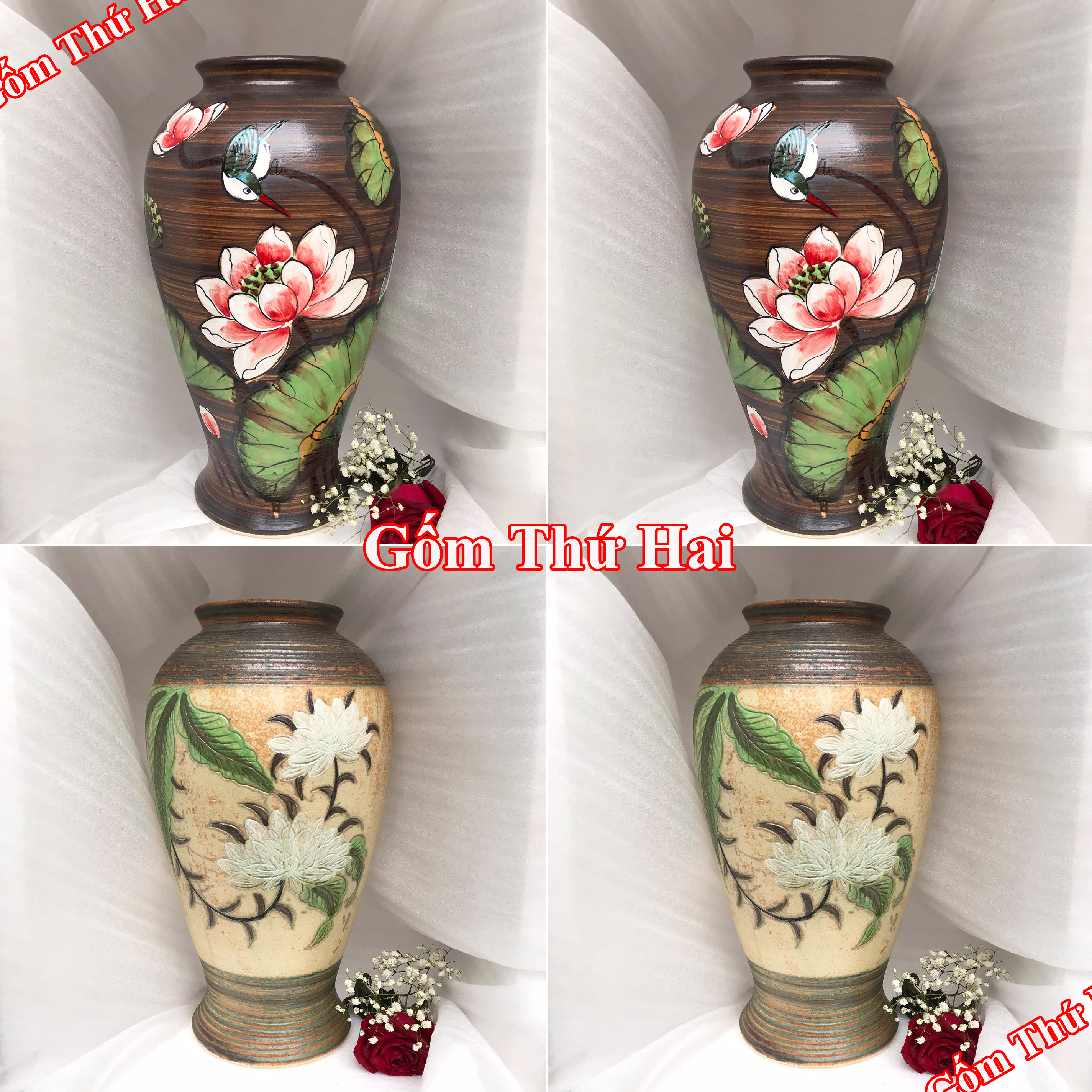 Bình hoa lọ hoa Bát Tràng men mộc cao cấp dáng đùi dế cao 38cm, Bình gốm lọ gốm trang trí để bàn GTH
