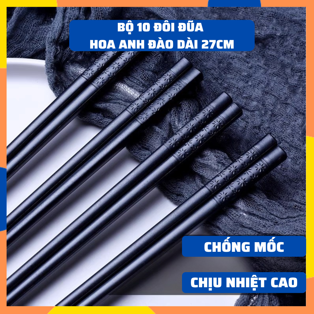 Combo 10 Đôi Đũa POLY Dài 27CM Chịu Nhiệt Độ Cao Không Phai Màu Chống Mốc Cao Cấp Chạm Khắc Hoa Văn Hoa Anh Đào Xuất Hàn - K54