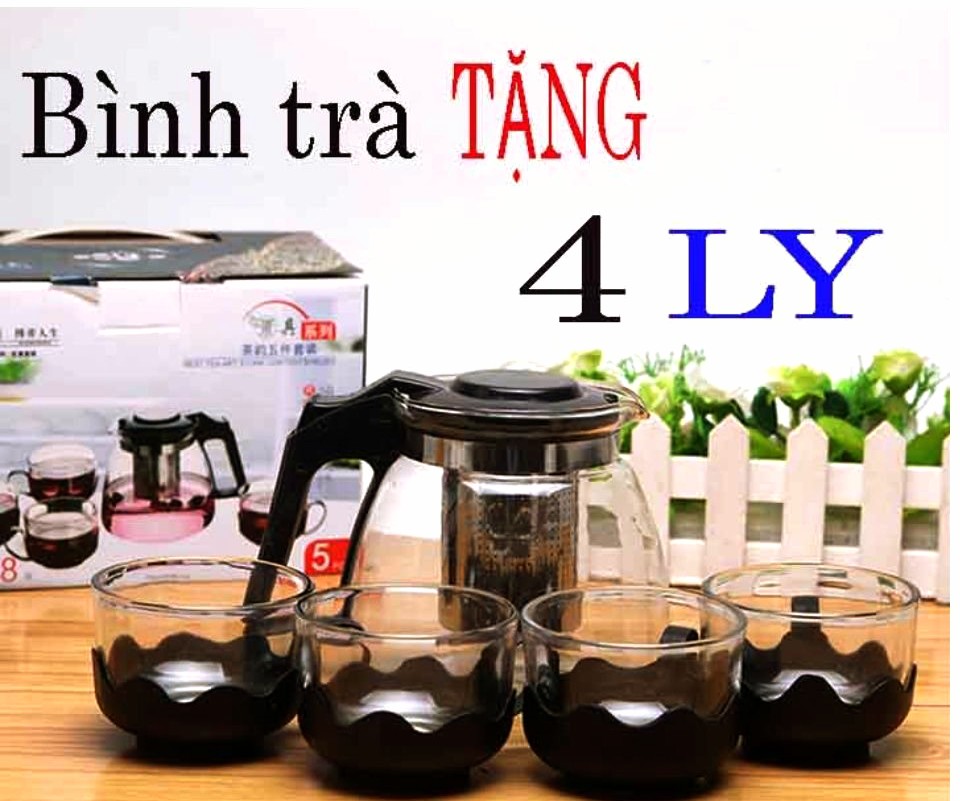 Bộ bình Lọc trà Thủy tinh + kèm 4 Ly tiện dụng Dung tích 700ml
