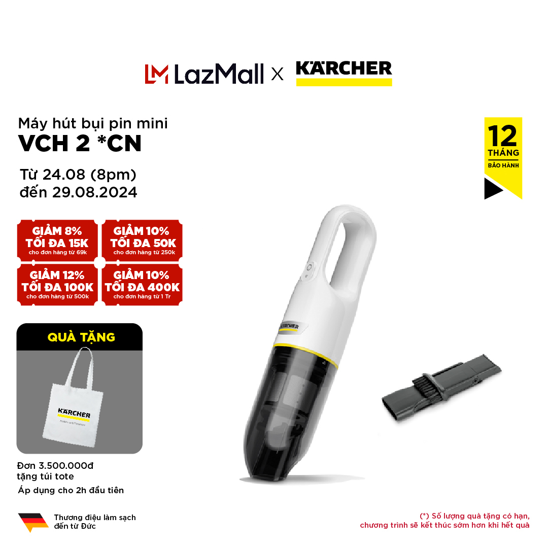 Máy hút bụi cầm tay KARCHER VCH 2, lmáy hút bụi dùng pin lithium, bộ lọc HEPA 12 lọc sạch bụi mịn diệt khuẩn 99,99%