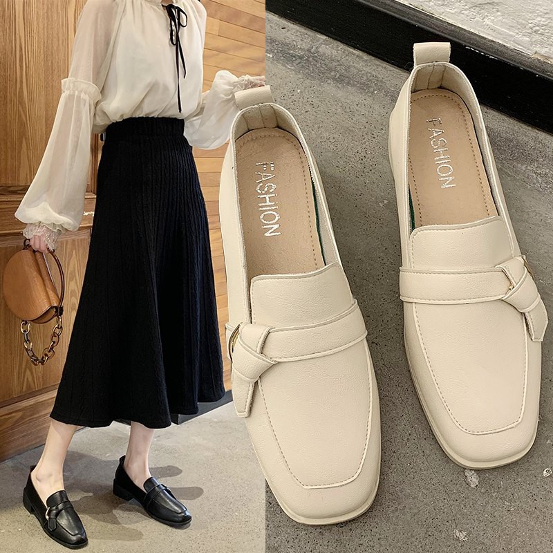 (ORDER-sẵn ,35,36 trắng ) Giày da lười nữ đế 3cm thắt nơ đơn giản style công sở thanh lịch