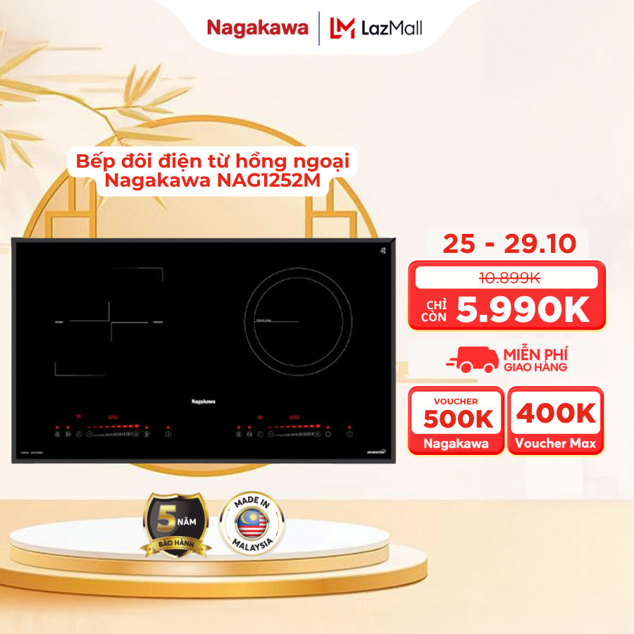 Bếp điện từ cao cấp hồng ngoại Nagakawa NAG1252M, không kén nồi, inverter, điều khiển cảm ứng- bảo h