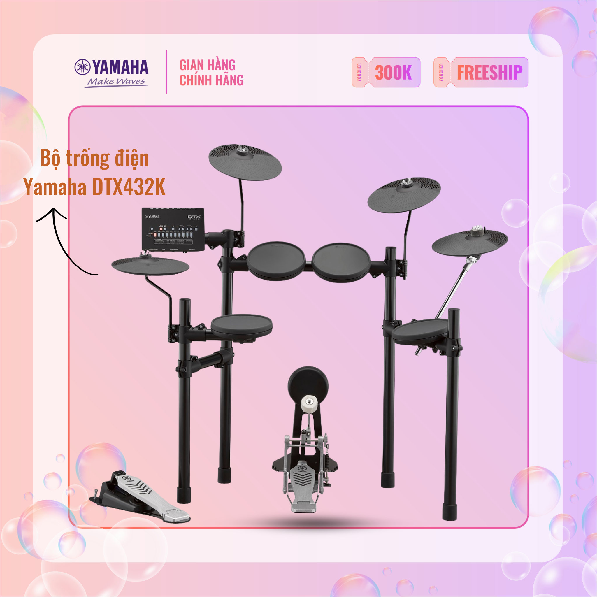 Trống điện tử YAMAHA DTX432K kèm bàn đạp với 10 bộ công cụ trống cùng 10 chức năng đào tạo tích hợp, miếng đệm trống cải tiến - Bảo hành chính hãng 12 tháng