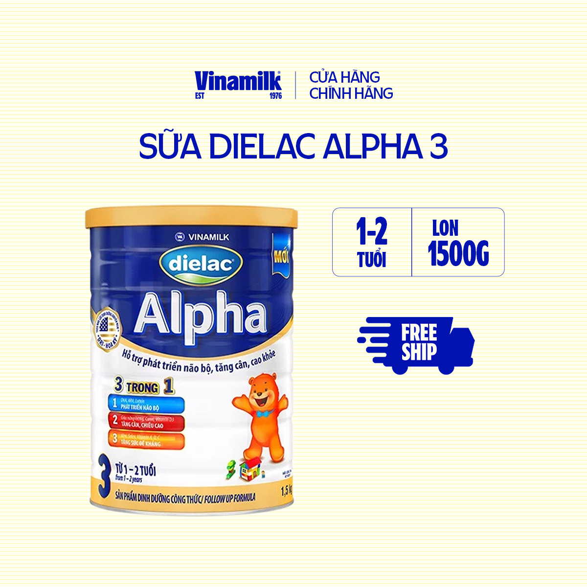 Sữa bột Vinamilk Dielac Alpha 3  - Hộp thiếc 1500gr (cho trẻ từ 1 - 2 tuổi) - Sữa công thức 3 trong 1 hỗ trợ phát triển não bộ, tăng cân chiều cao, tăng sức đề kháng